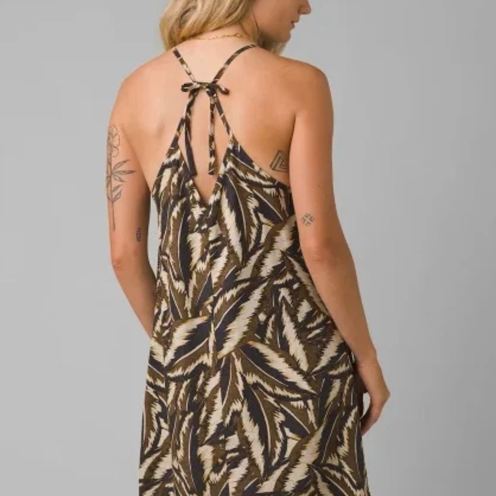 NWT prAna Epicanopy Leaf Print Halter Dress Size S Cafe Panama Black Brown - Picture 2 of 5
